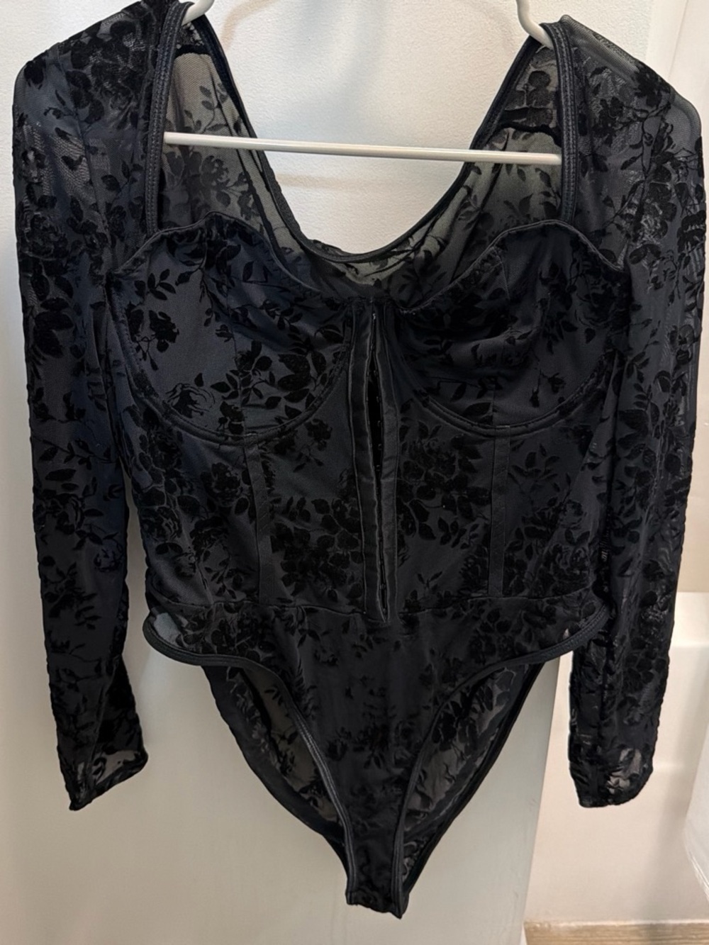 SHEIN Black Floral Mesh Long Sleeve Bodysuit with Underwire